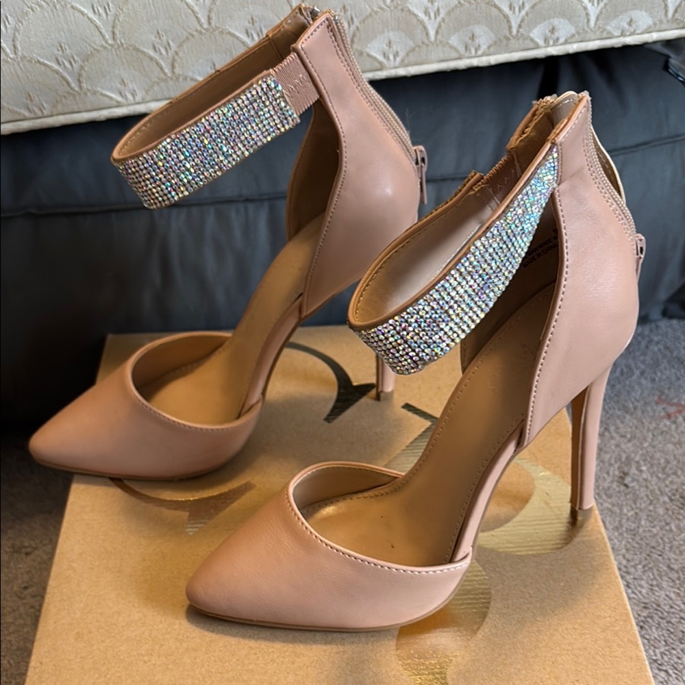 Elegant Tan High Heels with Rhinestone Strap